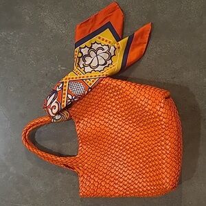 WOVEN VEGAN LEATHER BRIGHT ORANGE TOTE BAG PURSE
